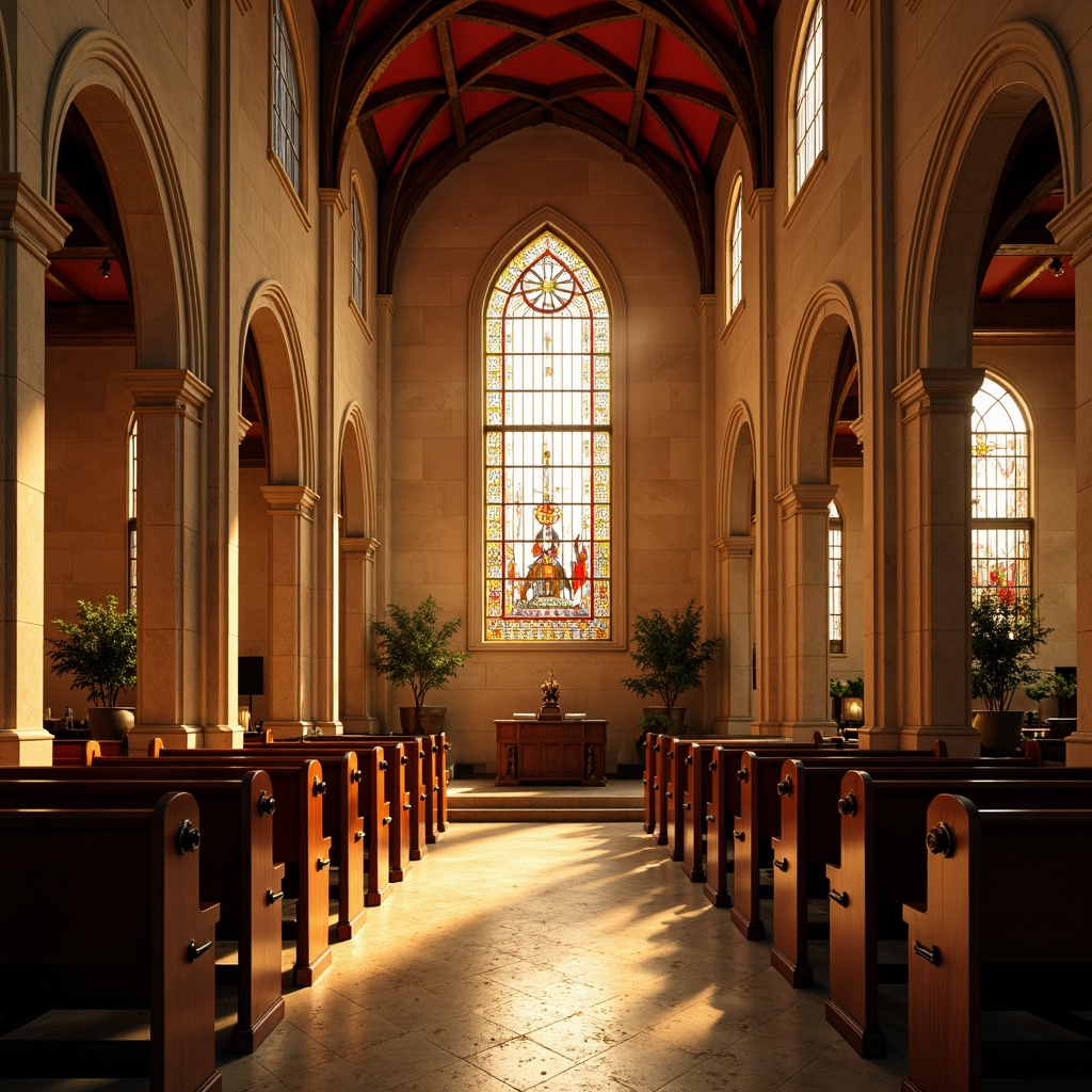 Prompt: Elegant chapel, soft golden lighting, warm beige stone walls, stained glass windows, vibrant red accents, rich wooden pews, ornate metalwork, serene atmosphere, natural light pouring in, subtle shadows, 1/2 composition, intimate setting, realistic textures, ambient occlusion.