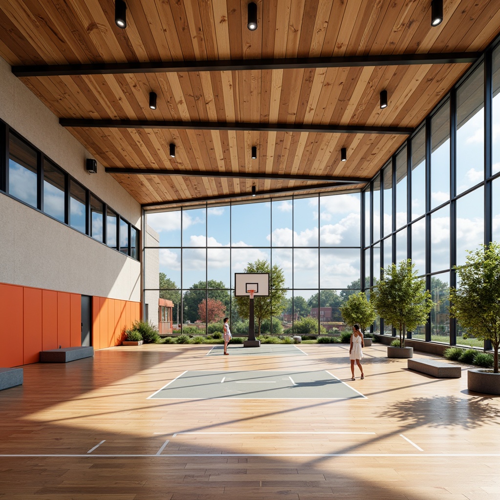 Prompt: Modern gymnasium interior, high ceilings, wooden flooring, basketball courts, sports equipment, vibrant colors, natural light, large windows, transparent glass walls, open spaces, dynamic architecture, geometric shapes, minimalist design, innovative lighting systems, soft shadows, 3/4 composition, realistic textures, ambient occlusion.