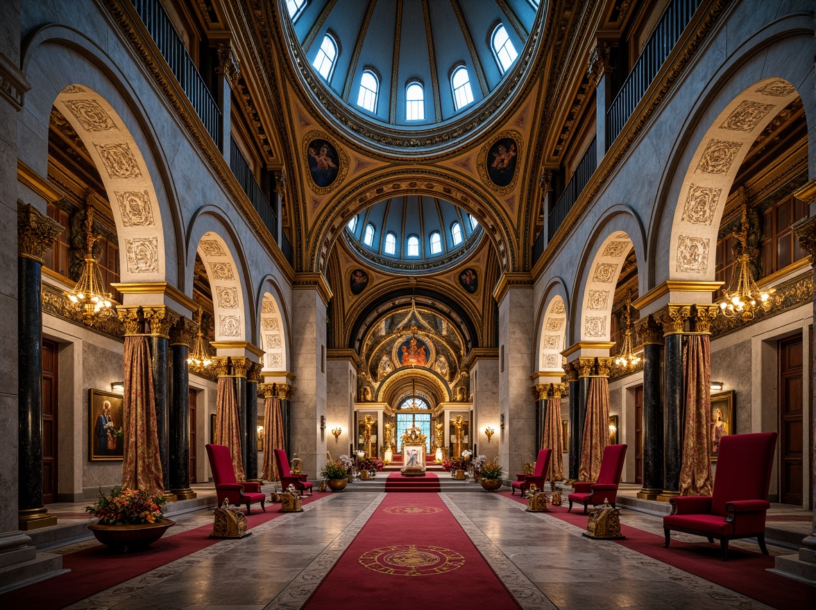 Prompt: Byzantine church interior, azure domes, golden accents, ornate mosaics, intricate stone carvings, grand archways, lavish chandeliers, rich velvet drapes, regal thrones, sacred icons, solemn atmosphere, soft warm lighting, shallow depth of field, 3/4 composition, panoramic view, realistic textures, ambient occlusion.