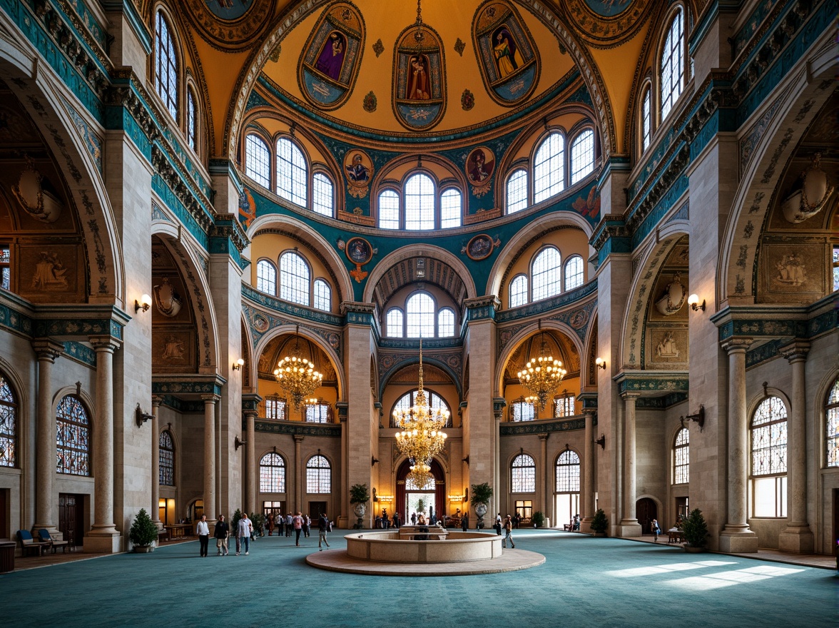 Prompt: Majestic Byzantine cathedral, azure domes, intricate mosaics, golden accents, ornate stone carvings, grandiose archways, lavish frescoes, regal purple hues, rich turquoise tones, warm beige marble, ornamental patterns, gilded details, stained glass windows, soft diffused light, shallow depth of field, 1/1 composition, symmetrical framing, realistic textures, ambient occlusion.