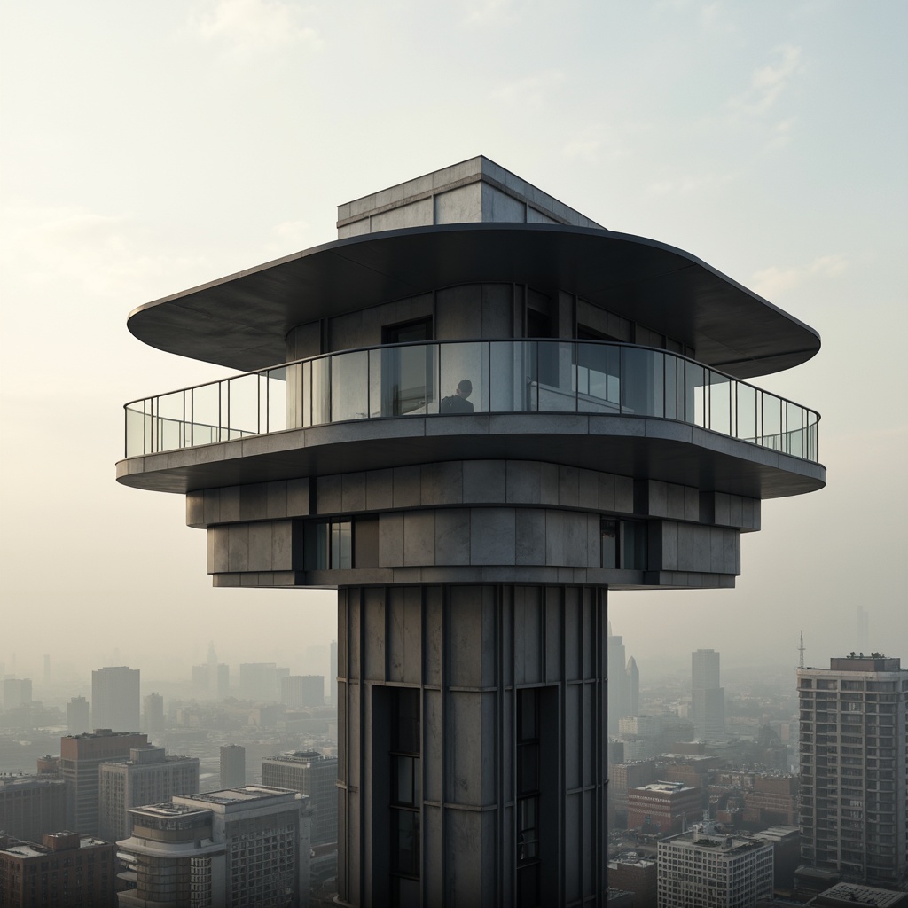 Prompt: Monochromatic watchtower, sleek metallic facade, minimalist detailing, bold geometric shapes, industrial materials, urban cityscape, misty morning atmosphere, soft warm lighting, shallow depth of field, 1/1 composition, realistic textures, ambient occlusion, neutral color palette, dark grey accents, silver linings, glass railings, modernist architecture, contemporary design elements, abstract patterns, futuristic ambiance.