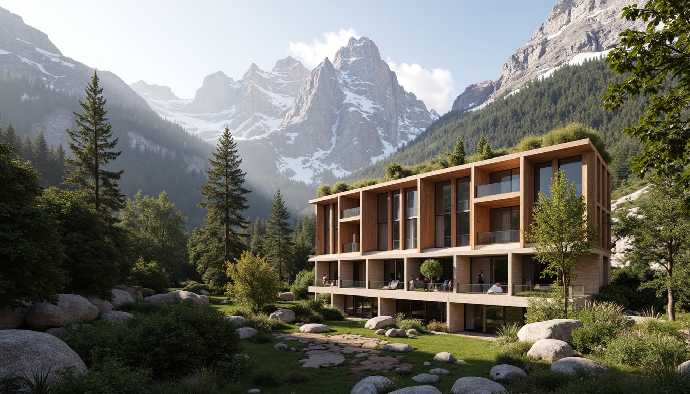 Prompt: Snow-capped mountains, serene forest surroundings, rustic wooden accents, earthy tone color palette, natural stone walls, floor-to-ceiling windows, abundant daylight, minimalist decor, organic shapes, curvaceous lines, eco-friendly materials, sustainable energy systems, green roofs, living walls, abundant plant life, misty atmosphere, soft warm lighting, 3/4 composition, panoramic view, realistic textures, ambient occlusion.