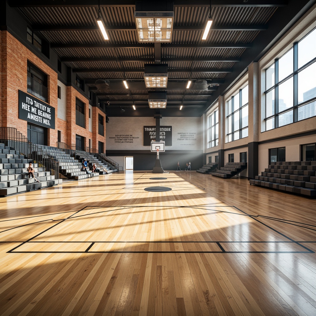 Prompt: Modern gymnasium interior, polished wood flooring, bright ceiling lights, basketball hoops, sports equipment, athletic tracks, bleacher seating, motivational quotes, urban architecture, natural ventilation, large windows, steel beams, industrial design, afternoon sunlight, soft shadows, 1/1 composition, wide-angle lens, realistic textures, ambient occlusion.