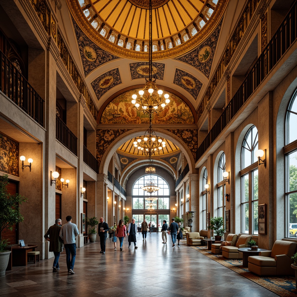 Prompt: Grandiose visitor center, Byzantine architecture, ornate golden domes, intricate stone carvings, vibrant mosaics, rich tapestries, regal furnishings, grand chandeliers, marble floors, ornamental columns, arched windows, dramatic vaulted ceilings, warm ambient lighting, soft shadows, 1/1 composition, symmetrical layout, realistic textures, subtle color grading.