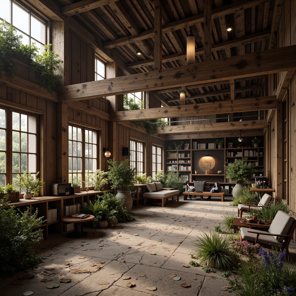 Prompt: Rustic barn, wooden accents, distressed textures, earthy tones, natural stone foundations, vintage farm equipment, classic lanterns, wooden shutters, cozy reading nooks, worn brick walls, aged metal roofs, overgrown vegetation, misty morning atmosphere, warm soft lighting, shallow depth of field, 2/3 composition, intimate framing, realistic wood grain, ambient occlusion.