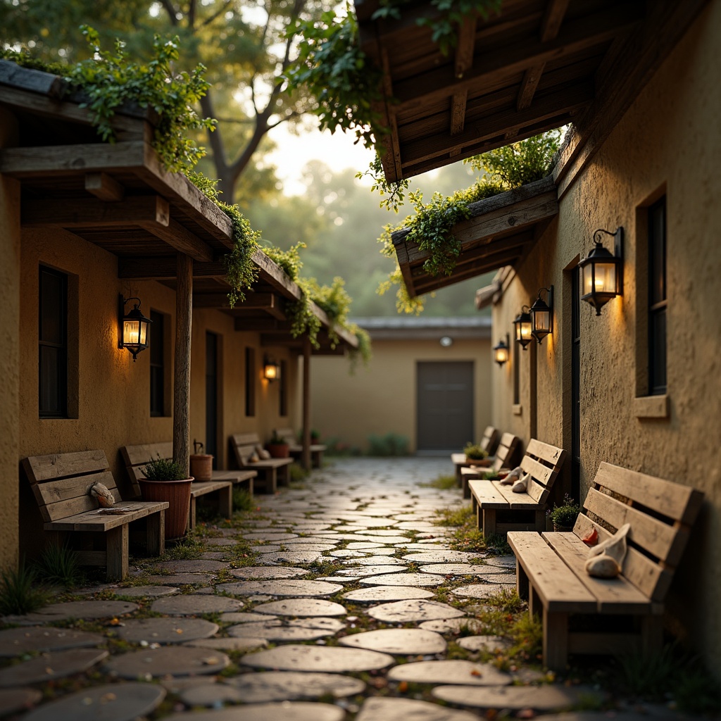 Prompt: Earthy mud bus station, rough textured walls, natural stone floors, rustic wooden benches, vintage metal lanterns, moss-covered roofs, overgrown vegetation, damp misty atmosphere, warm golden lighting, shallow depth of field, 1/1 composition, realistic textures, ambient occlusion.