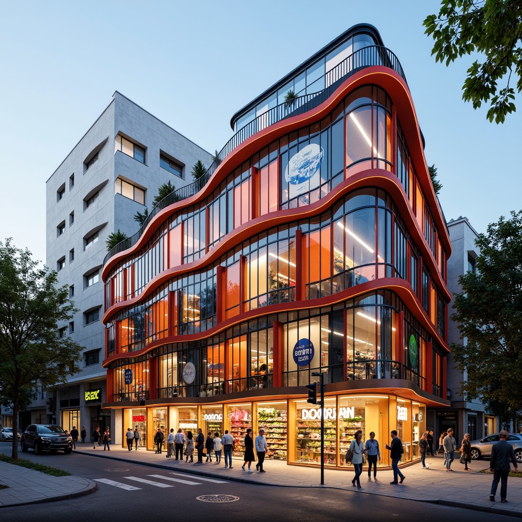 Prompt: Vibrant grocery store facade, bold expressionist architecture, curvaceous lines, irregular shapes, dynamic forms, bright color scheme, contrasting textures, glass blocks, metal accents, LED lighting, abstract patterns, geometric murals, urban cityscape, busy street scene, morning sunlight, soft shadows, 1/1 composition, high-contrast rendering, detailed normal maps.