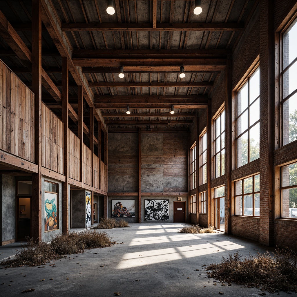 Prompt: Abandoned industrial site, exposed brick walls, rusty metal beams, reclaimed wood accents, modern adaptive reuse design, revitalized urban landscape, eclectic mix of old and new, vibrant street art, gritty urban textures, moody atmospheric lighting, shallow depth of field, 1/1 composition, panoramic view, realistic weathering effects, ambient occlusion.