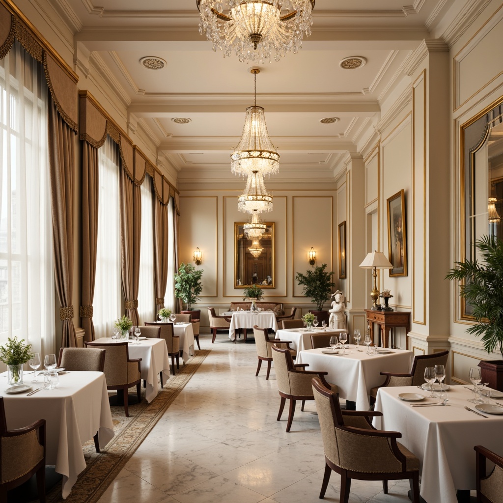 Prompt: Elegant neoclassical restaurant, creamy whites, warm beige tones, rich wood accents, gilded gold details, soft velvet fabrics, subtle marble patterns, ornate moldings, refined crystal chandeliers, luxurious drapes, sophisticated furnishings, intimate ambiance, soft warm lighting, 1/1 composition, shallow depth of field, realistic textures, ambient occlusion.