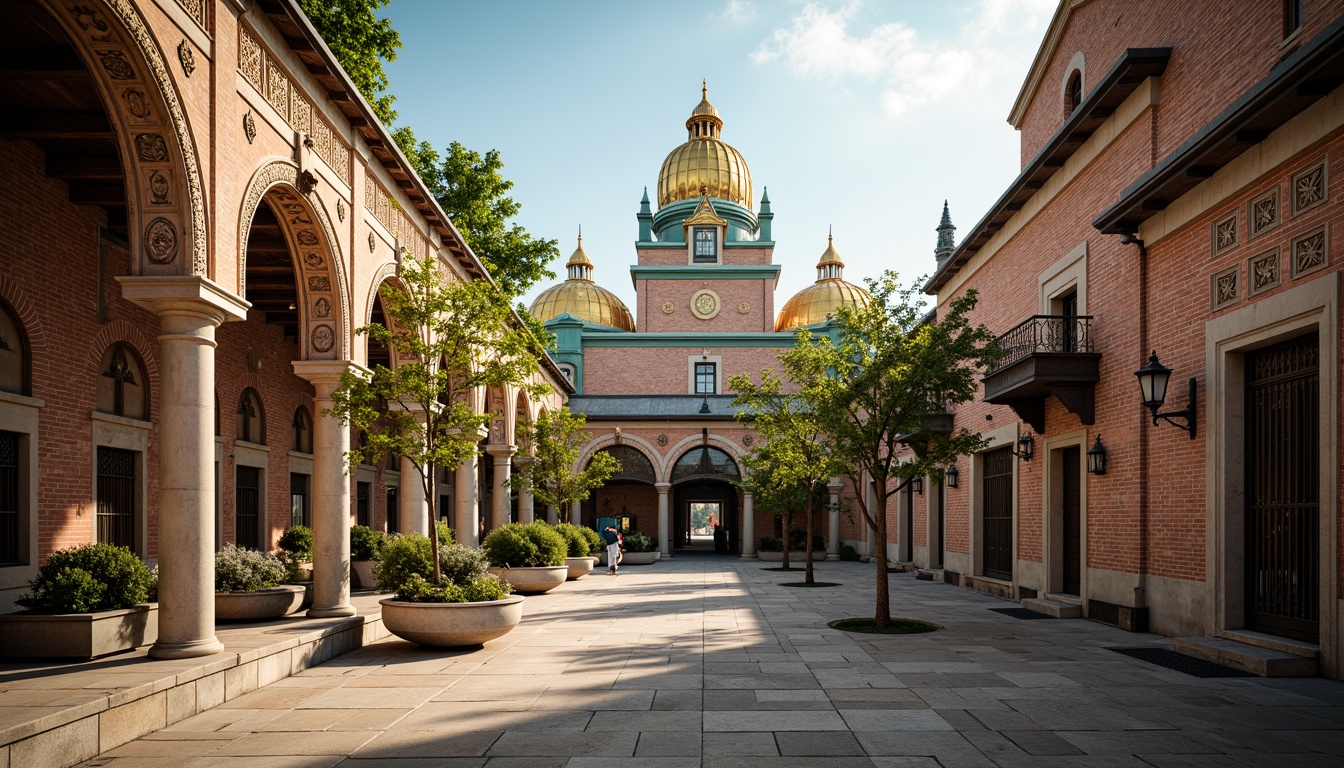 Prompt: Intricate stone carvings, ornate golden domes, grand archways, ornamental columns, lavish mosaics, vibrant turquoise accents, majestic bell towers, rustic red brick walls, ornate ironwork gates, weathered copper roofs, dramatic shadows, warm afternoon light, shallow depth of field, 2/3 composition, symmetrical framing, rich textures, ambient occlusion.