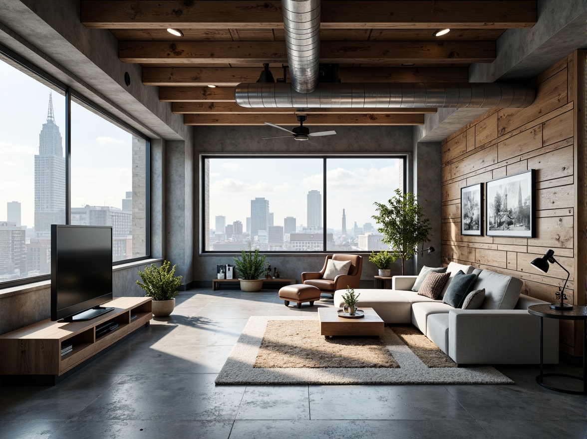 Prompt: Industrial chic loft interior, high-tech gadgets, exposed ductwork, concrete floors, metallic accents, reclaimed wood walls, minimalist decor, floor-to-ceiling windows, cityscape views, urban skyline, bright natural light, softbox lighting, shallow depth of field, 1/1 composition, wide-angle lens, realistic textures, ambient occlusion, modern sleek lines, functional simplicity, innovative storage solutions, smart home automation systems, futuristic ambiance.