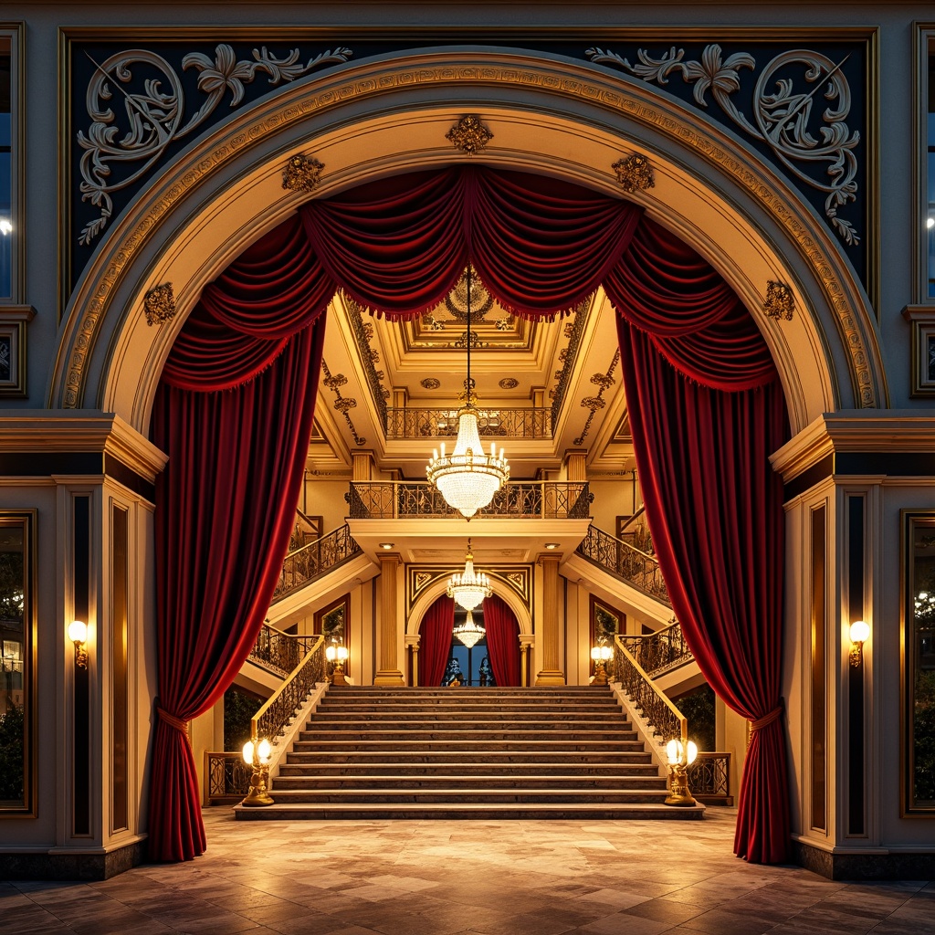 Prompt: Grand opera house facade, fusion architecture style, ornate details, curved lines, golden accents, grand staircases, red velvet drapes, crystal chandeliers, marble flooring, intricate moldings, Baroque-inspired patterns, vibrant color scheme, majestic entrance, sweeping arches, imposing columns, nighttime illumination, warm spotlighting, shallow depth of field, 1/1 composition, symmetrical framing, ornate textures, ambient occlusion.