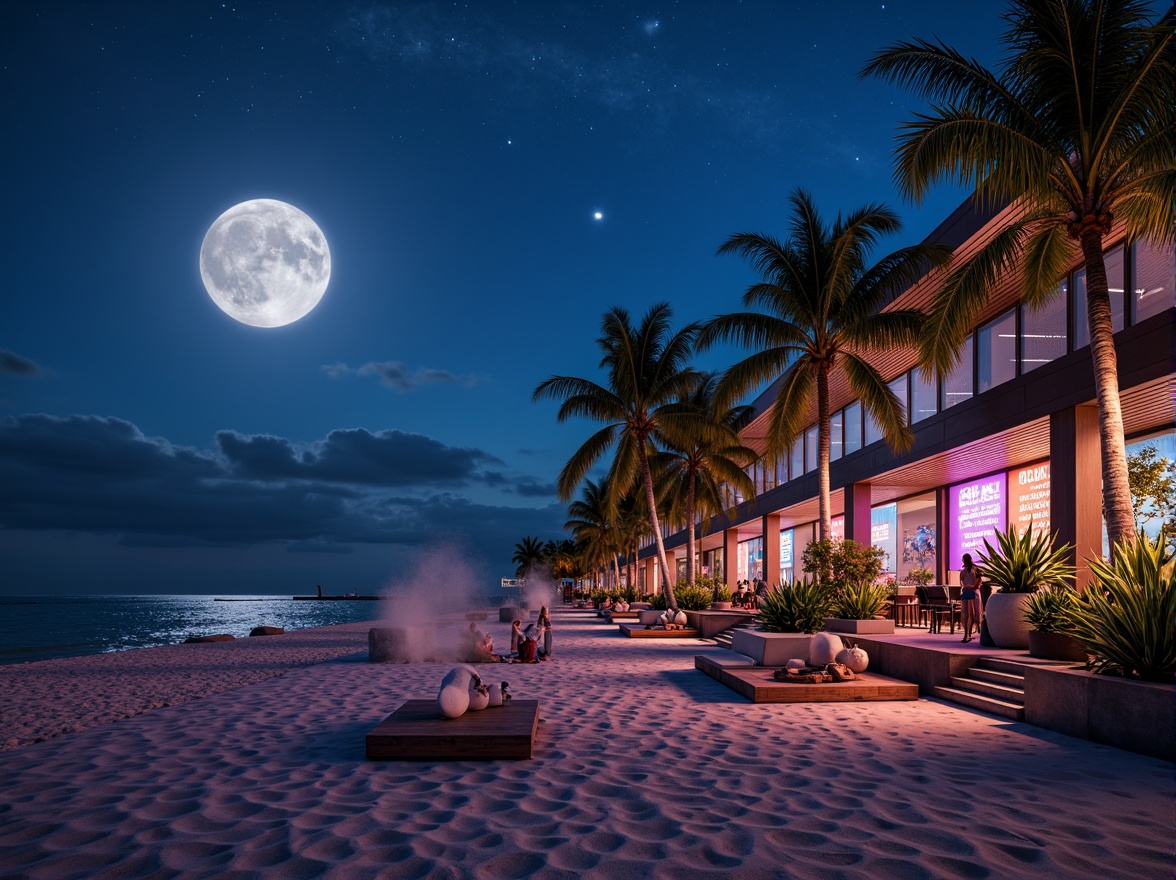 Prompt: Moonlit beachfront, sandy shores, palm trees, tropical plants, vibrant neon lights, modern nightclub architecture, sleek wooden decks, glass railings, ocean-inspired sculptures, LED light installations, ambient music, misty fog effects, warm summer nights, shallow water features, driftwood benches, nautical-themed decor, starry night skies, dramatic spotlights, 1/1 composition, soft focus blur, realistic wave simulations.Please let me know if this meets your requirements!