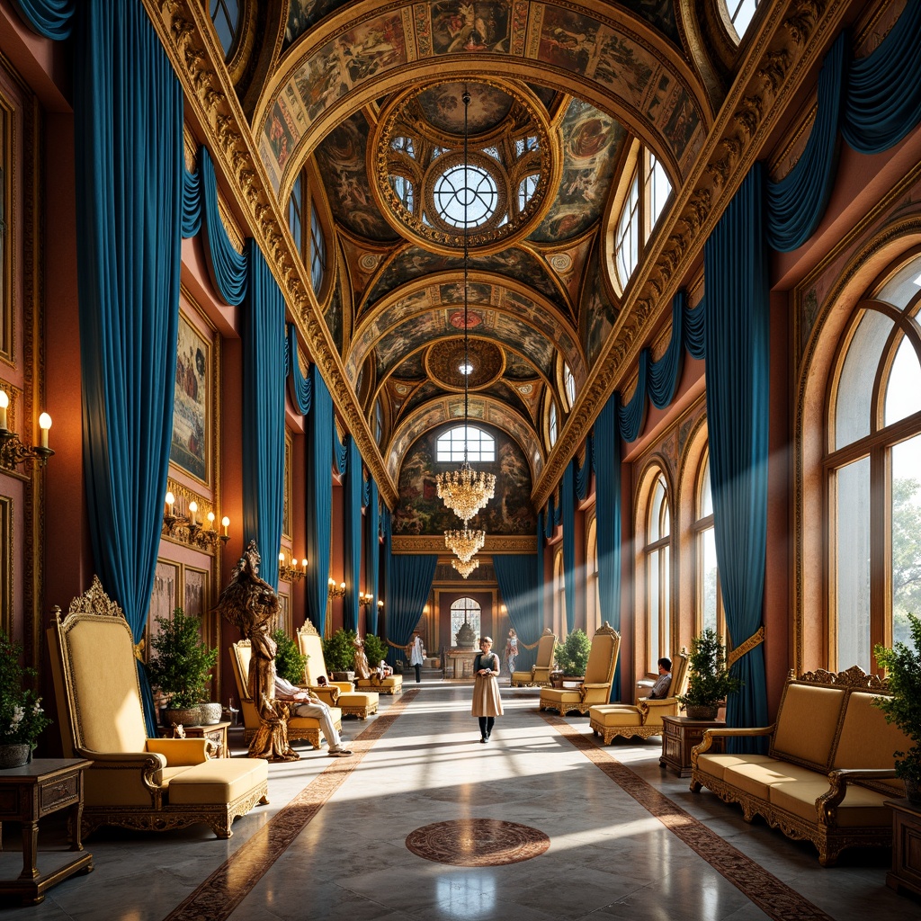 Prompt: Majestic Byzantine architecture, ornate golden domes, intricate mosaics, azure blue accents, rich velvet drapes, luxurious marble floors, regal thrones, ornamental frescoes, grandiose chandeliers, warm candlelight, soft ambient glow, 1/1 composition, shallow depth of field, realistic textures, atmospheric perspective.