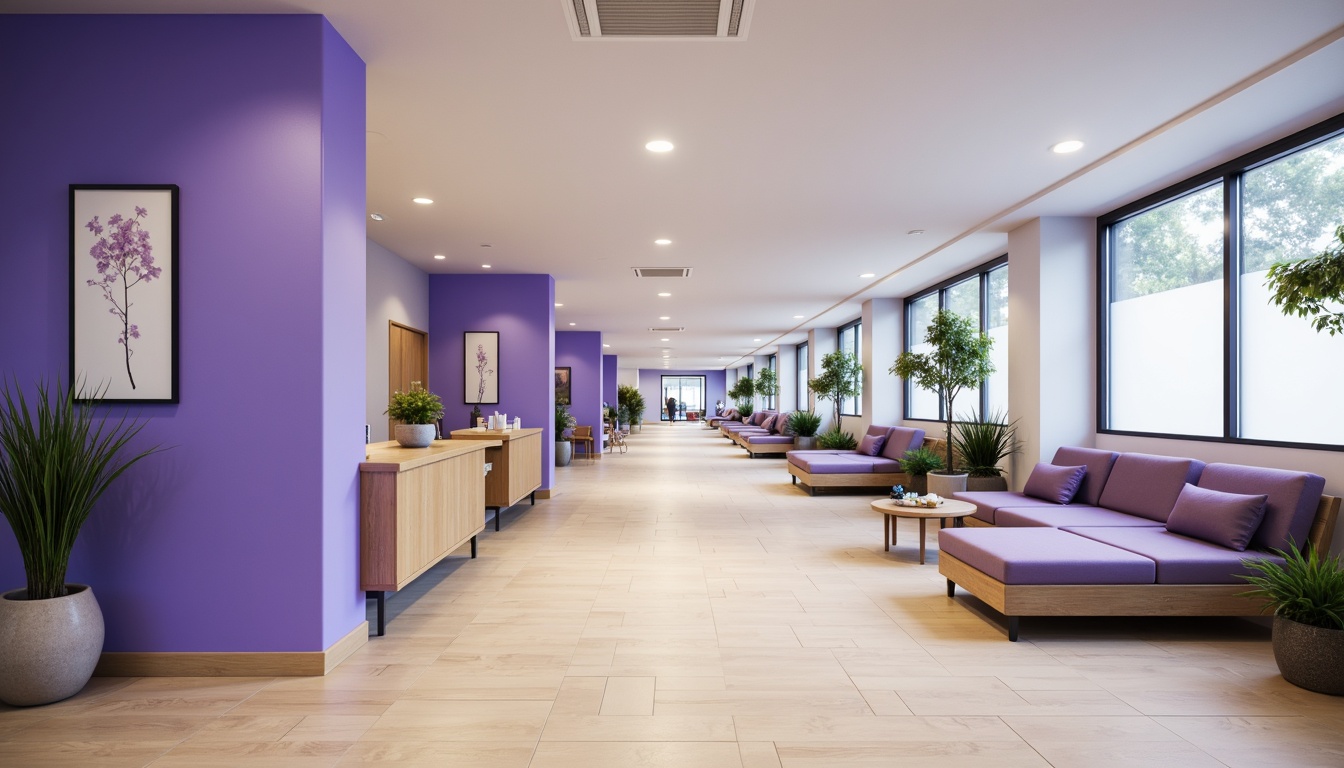 Prompt: \Calm clinic interior, blue violet accent walls, soothing lavender furniture, gentle cream flooring, subtle geometric patterns, natural wood tones, warm LED lighting, serene patient rooms, minimalist decor, soft fabric textures, peaceful waiting areas, modern medical equipment, stainless steel accents, airy open spaces, refreshing greenery, calming ambient noise, shallow depth of field, 1/1 composition, realistic renderings.\This output includes