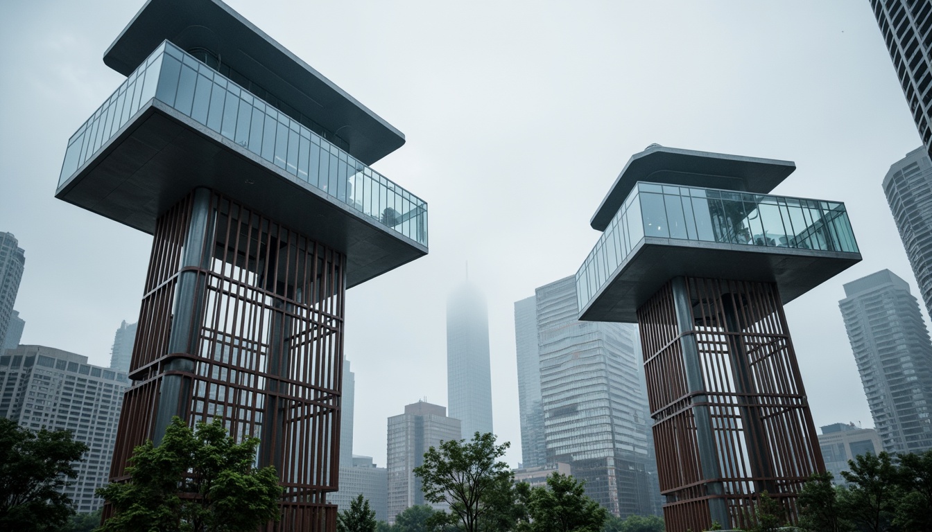 Prompt: Sleek watching towers, modernist architecture, steel frameworks, cantilevered structures, minimalist design, clean lines, geometric shapes, reflective glass surfaces, metallic latticework, industrial materials, urban cityscape, cloudy grey sky, dramatic lighting, high-contrast shadows, 1/1 composition, symmetrical framing, bold color accents, abstract textures, atmospheric mist.