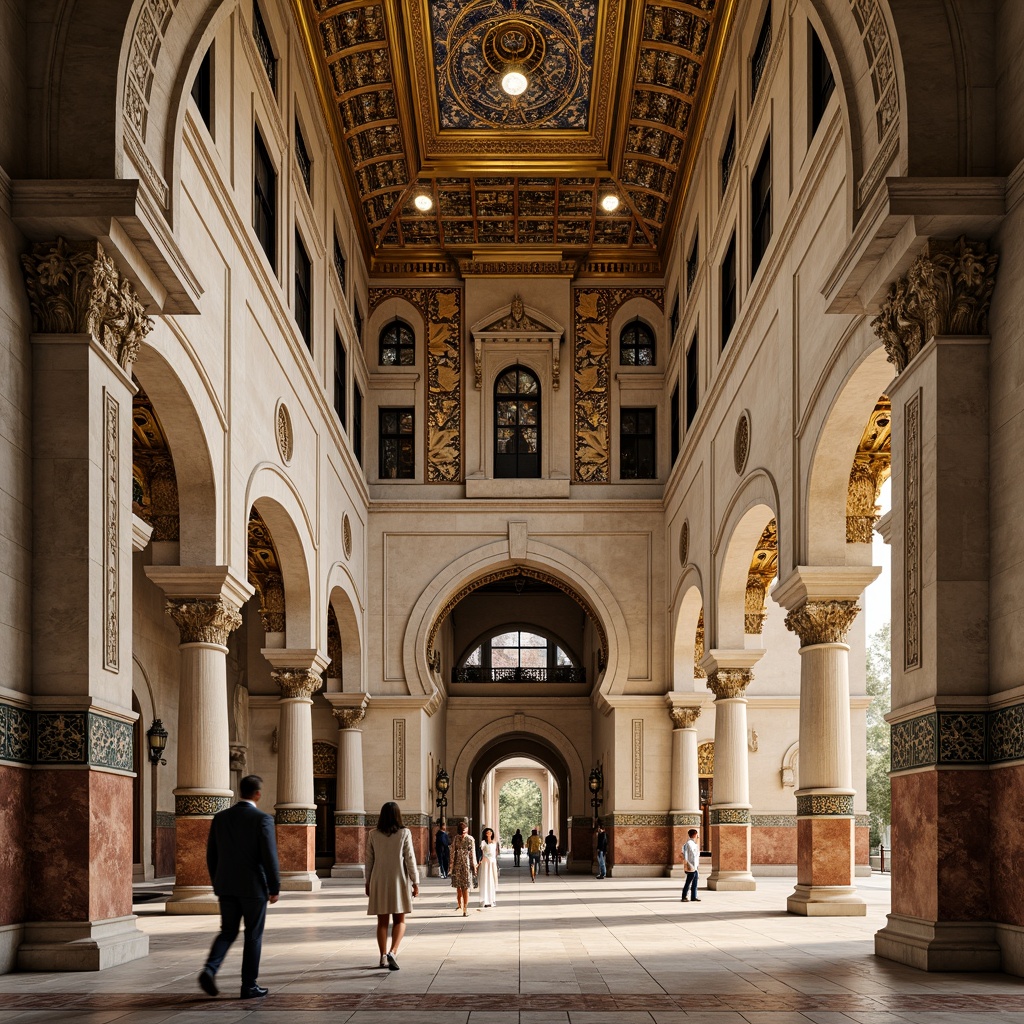 Prompt: Intricate stone carvings, ornate arches, domed rooftops, gilded accents, vibrant mosaic patterns, grand entranceways, imposing columns, marble flooring, ornamental capitals, delicate filigree, symmetrical facades, warm golden lighting, shallow depth of field, 1/1 composition, realistic textures, ambient occlusion.