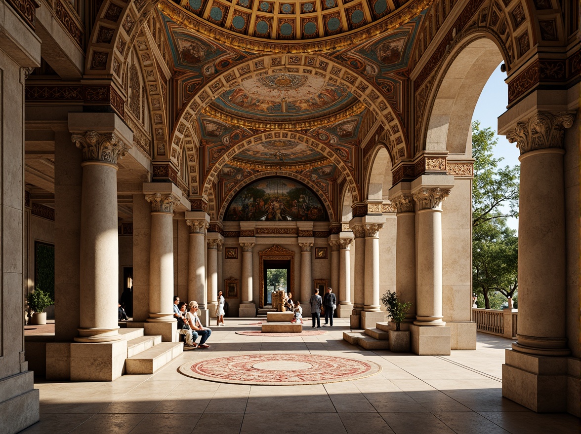 Prompt: Intricate stone carvings, ornate arches, grand domes, golden mosaics, vibrant frescoes, ornamental columns, lavish ornaments, richly patterned textiles, majestic entranceways, imposing facades, Byzantine-inspired motifs, warm earthy tones, soft natural lighting, 1/1 composition, shallow depth of field, realistic textures, ambient occlusion.