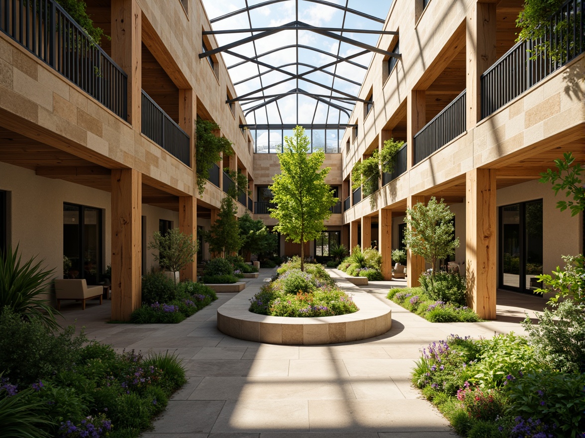 Prompt: Vibrant atrium, lush greenery, natural stone walls, wooden beams, clerestory windows, skylights, open floor plans, minimalist decor, earthy color palette, warm soft lighting, morning sunlight, afternoon shadows, diffused light, 1/1 composition, shallow depth of field, realistic textures, ambient occlusion, modern sustainable architecture, eco-friendly materials, innovative cooling technologies, shaded outdoor spaces.