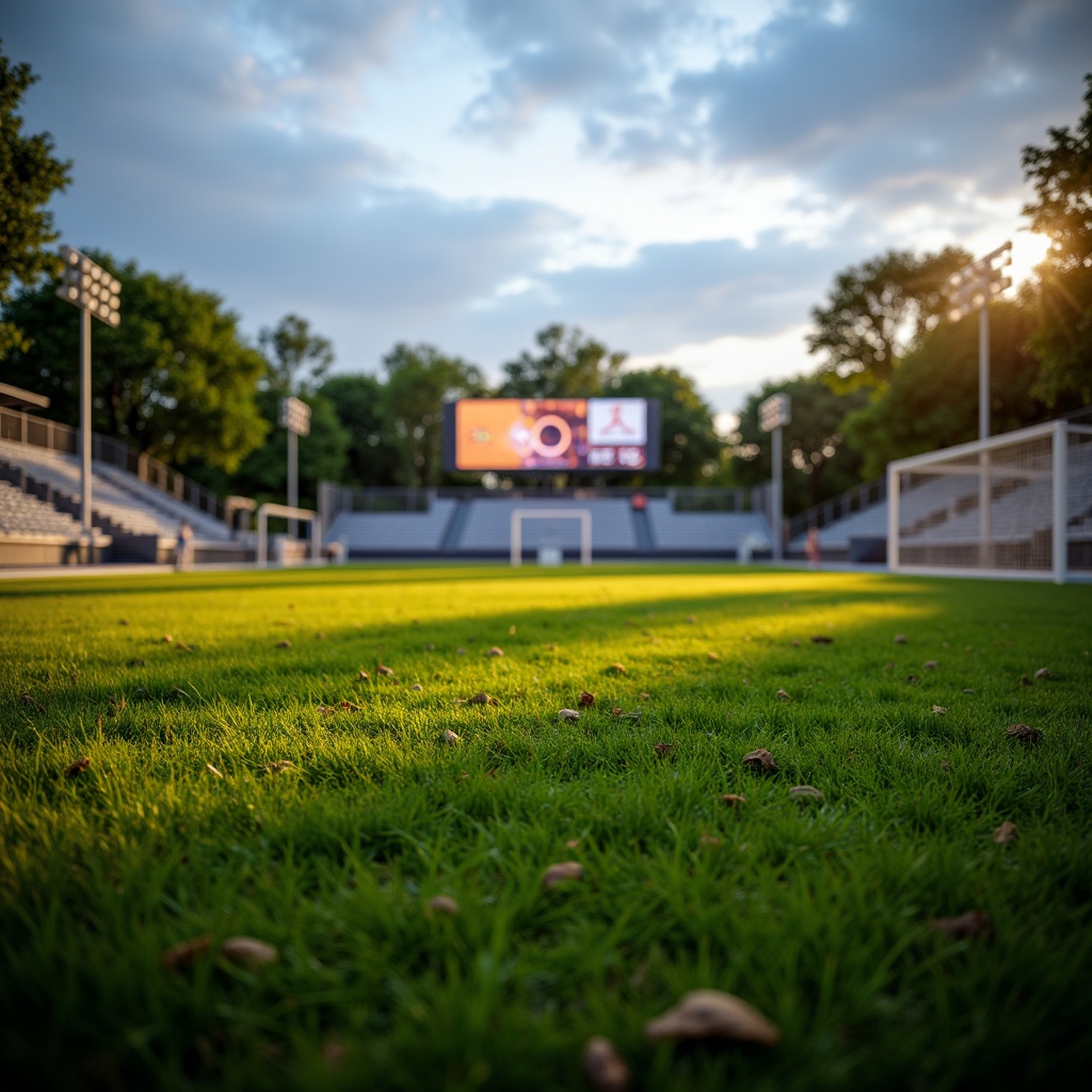 Prompt: Natural grass fields, lush greenery, athletic tracks, sports equipment, goalposts, nets, bleachers, scoreboard displays, floodlights, evening ambiance, warm golden lighting, shallow depth of field, 3/4 composition, panoramic view, realistic textures, ambient occlusion, rubberized surfaces, artificial turf options, durable materials, shock-absorbing properties, drainage systems, irrigation networks, weather-resistant coatings, eco-friendly maintenance solutions.