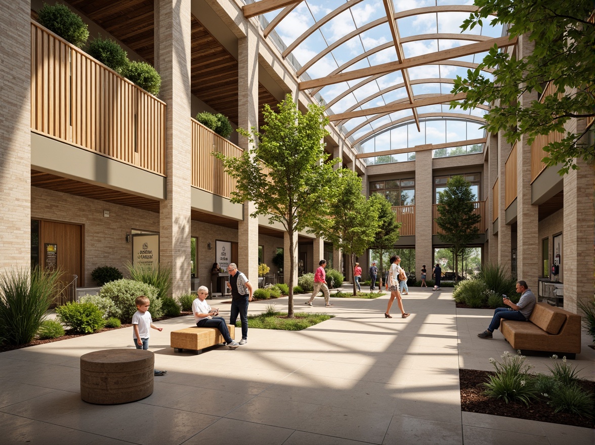 Prompt: \Earthy visitor center, natural stone exterior, wooden accents, warm beige tones, soft sage greens, earthy brown floors, rustic wood benches, informative signage, interactive exhibits, glass roof atrium, abundant natural light, subtle gradient effects, 1/2 composition, shallow depth of field, realistic textures, ambient occlusion.\