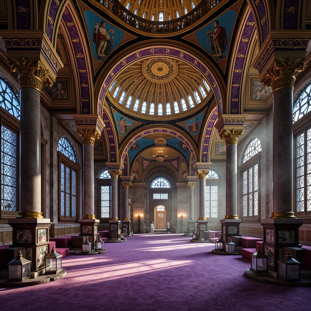 Prompt: Byzantine-inspired architecture, azure domes, intricate golden mosaics, ornate stone carvings, grandiose archways, lavish frescoes, regal purple accents, rich velvet textiles, majestic marble columns, ornamental lanterns, warm candlelight, mystical ambiance, shallow depth of field, 1/2 composition, atmospheric perspective, detailed geometric patterns, realistic reflections, ambient occlusion.