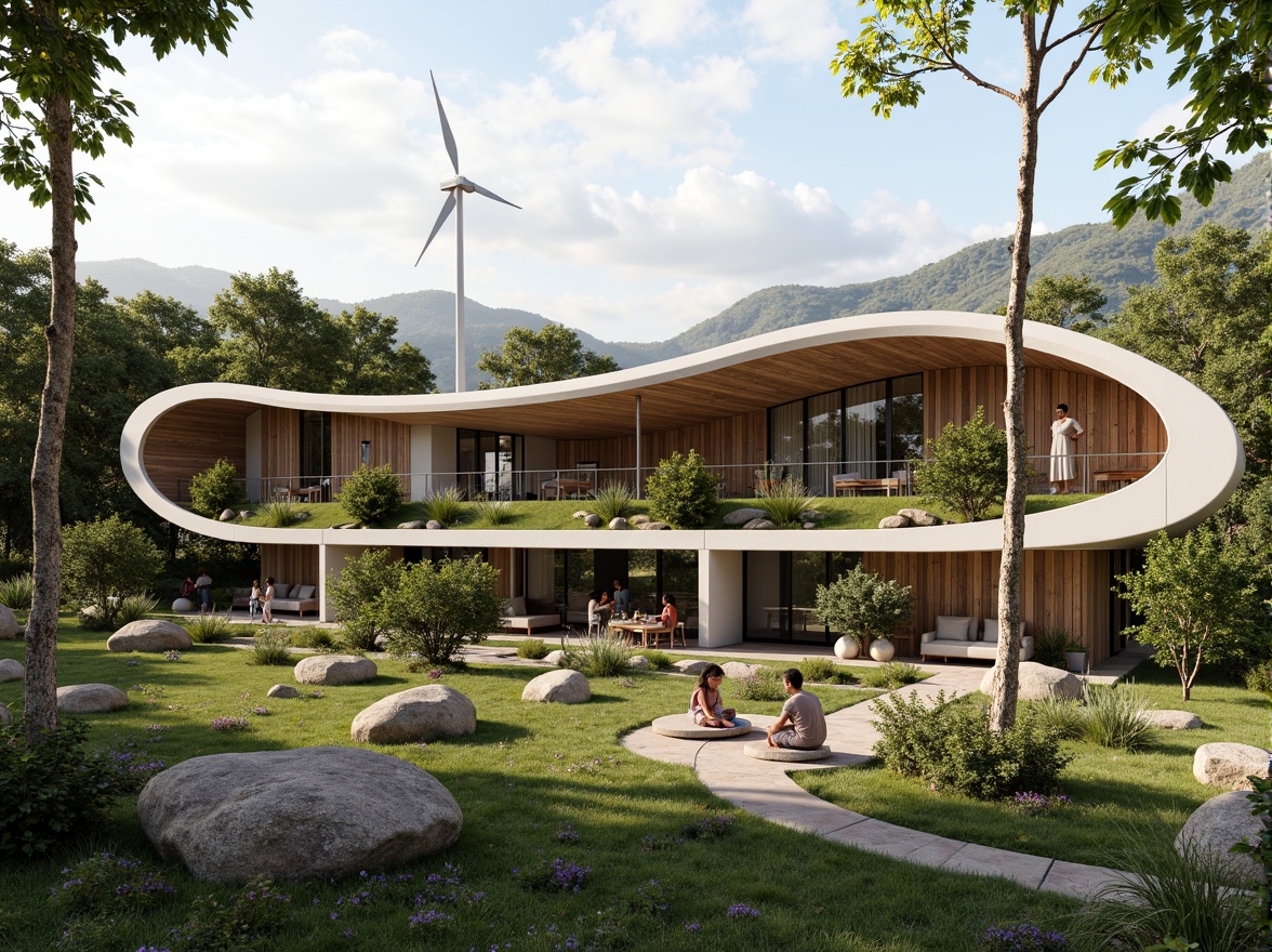 Prompt: Sustainable eco-lodge, reclaimed wood accents, living green walls, solar panels, wind turbines, rainwater harvesting systems, organic gardens, natural stone foundations, curved lines, minimalist design, earthy color palette, soft warm lighting, shallow depth of field, 3/4 composition, panoramic view, realistic textures, ambient occlusion.