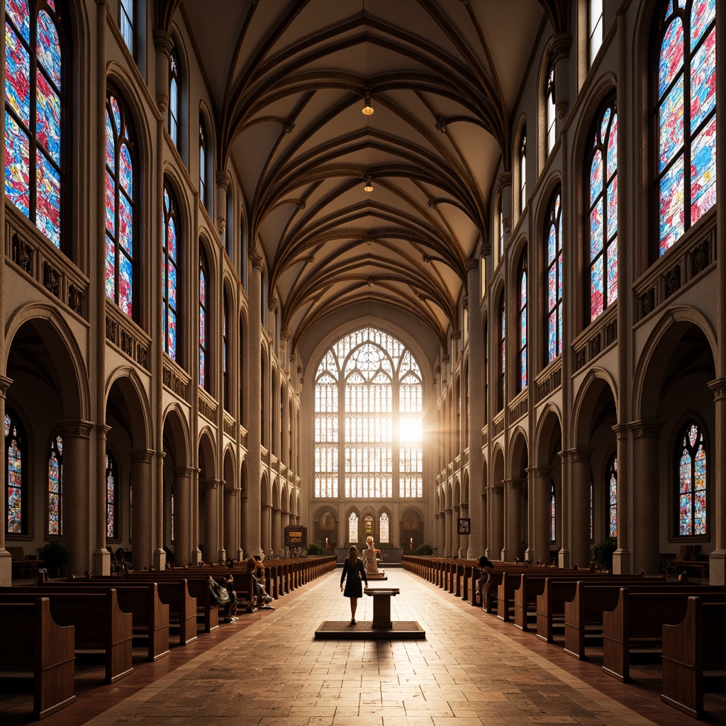 Prompt: Grand cathedral interior, stunning stained glass windows, vibrant colors, soft warm light, gentle shadows, ornate stone carvings, intricate architectural details, soaring ceilings, majestic columns, peaceful ambiance, morning sunlight, golden hour glow, subtle gradations of light, dramatic high contrast, 1/1 composition, symmetrical framing, realistic textures, ambient occlusion.