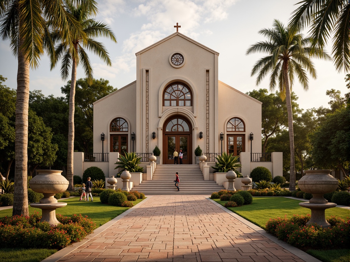 Prompt: Elegant church facade, ornate stone carvings, symmetrical gardens, manicured lawns, vibrant flowerbeds, geometric patterns, ornamental fountains, tiered planters, decorative urns, Art Deco inspired statues, bold color schemes, metallic accents, stained glass windows, grand entranceways, sweeping staircases, lush greenery, tropical palms, succulent plants, warm golden lighting, low-angle shot, 1/1 composition, high-contrast image, detailed textures, atmospheric fog.