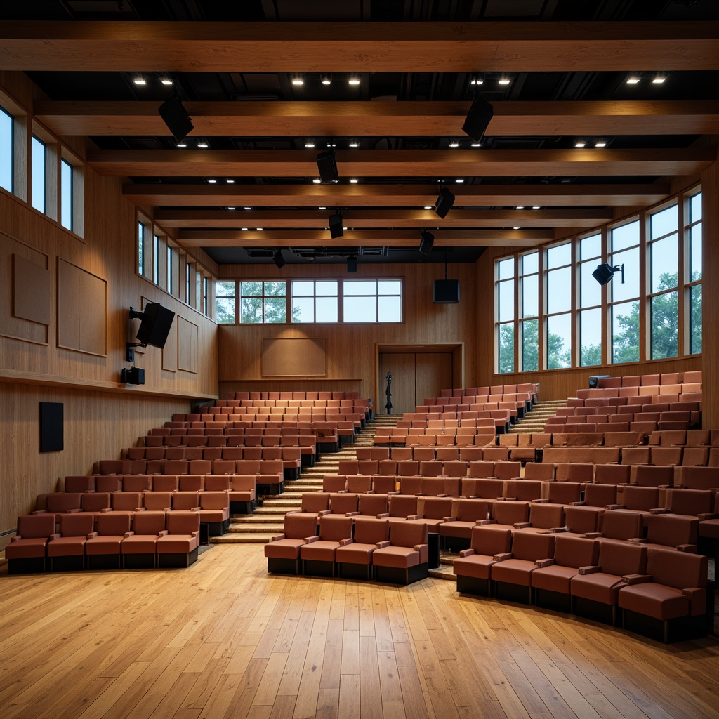 Prompt: Contemporary auditorium, curved rows of seats, acoustic panels, spotlights, stage lighting, wooden flooring, sound-absorbing materials, natural ventilation systems, large windows, clerestory windows, high ceilings, open spaces, comfortable seating, soft upholstery, subtle color schemes, calming ambiance, warm daytime lighting, gentle air circulation, 1/1 composition, shallow depth of field, realistic textures, ambient occlusion.