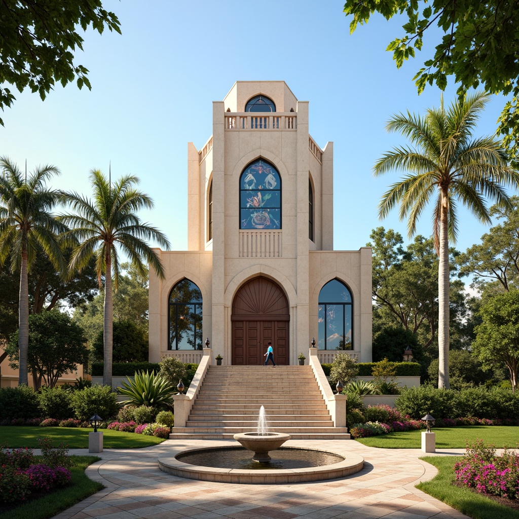 Prompt: Elegant Art Deco church, symmetrical facade, ornate stone carvings, geometric patterns, vibrant stained glass windows, grand entrance stairs, lush greenery, manicured lawns, ornamental fountains, walking paths, decorative lamp posts, palm trees, blooming flowers, sunny day, soft warm lighting, shallow depth of field, 3/4 composition, panoramic view, realistic textures, ambient occlusion.