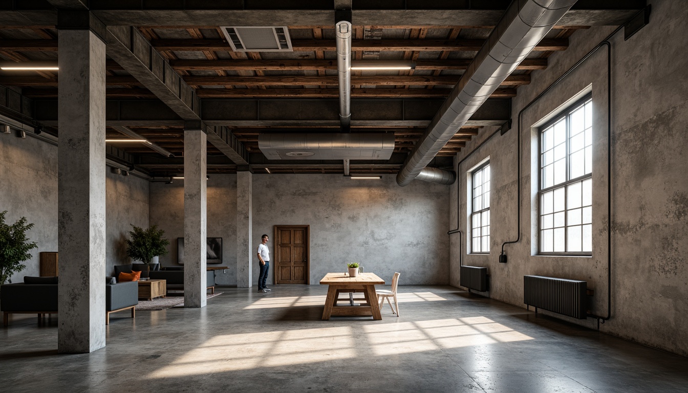 Prompt: Exposed ductwork, metal beams, steel-framed windows, industrial-chic lighting, reclaimed wood accents, distressed concrete floors, urban loft atmosphere, converted warehouse space, modern minimalist decor, functional simplicity, brutalist architecture, rough-textured materials, mechanical pipe details, neutral color palette, high ceilings, open floor plan, natural light pouring in, atmospheric shadows, cinematic low-key lighting, 3/4 composition, gritty realistic textures, ambient occlusion.