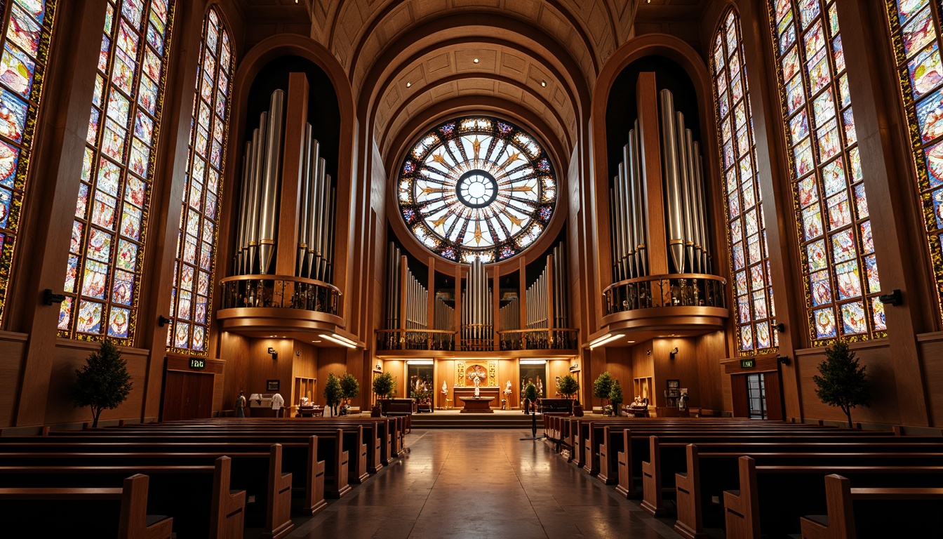 Prompt: Vibrant stained glass windows, ornate Art Deco churches, intricate geometric patterns, kaleidoscope colors, luxurious velvet pews, gilded altars, majestic pipe organs, grandiose ceilings, symmetrical architecture, warm golden lighting, dramatic shadows, 1/1 composition, detailed textures, ambient occlusion, realistic reflections, sacred atmosphere, peaceful ambiance.