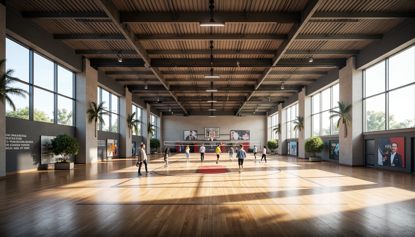 Prompt: Modern gymnasium interior, open athletic spaces, polished wooden floors, suspended ceilings, large windows, natural light, sports equipment, basketball hoops, volleyball nets, exercise machines, motivational quotes, inspirational posters, dynamic lighting, shallow depth of field, 1/2 composition, realistic textures, ambient occlusion, energetic atmosphere, vibrant colors, sleek lines, futuristic design elements.