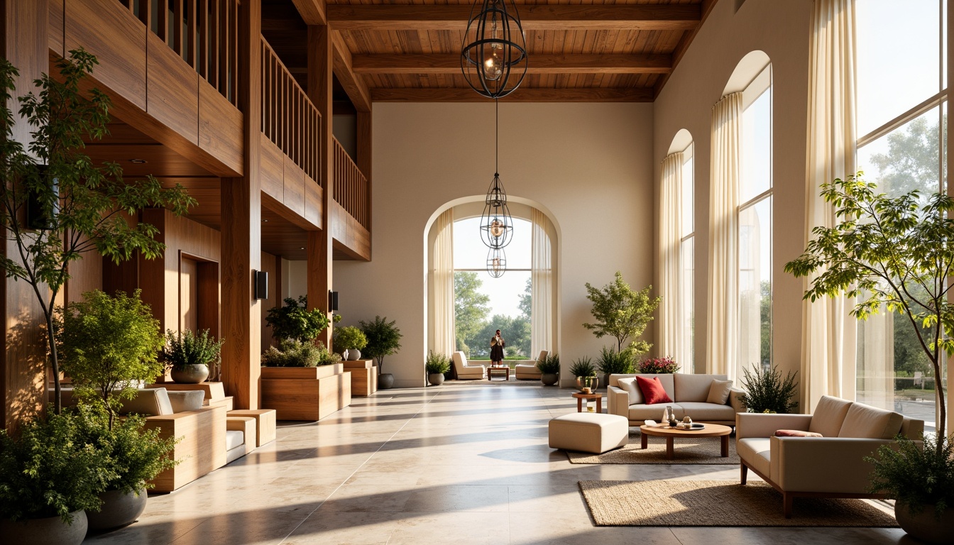 Prompt: Cozy hotel lobby, high ceiling, large windows, minimalist decor, warm wooden tones, soft warm lighting, shallow depth of field, 3/4 composition, panoramic view, realistic textures, ambient occlusion, elegant chandeliers, sleek modern furniture, lush greenery, vibrant flowers, natural stone flooring, warm beige walls, cream-colored curtains, subtle wood accents, inviting atmosphere, relaxed ambiance, bright morning light, soft afternoon sunbeams.