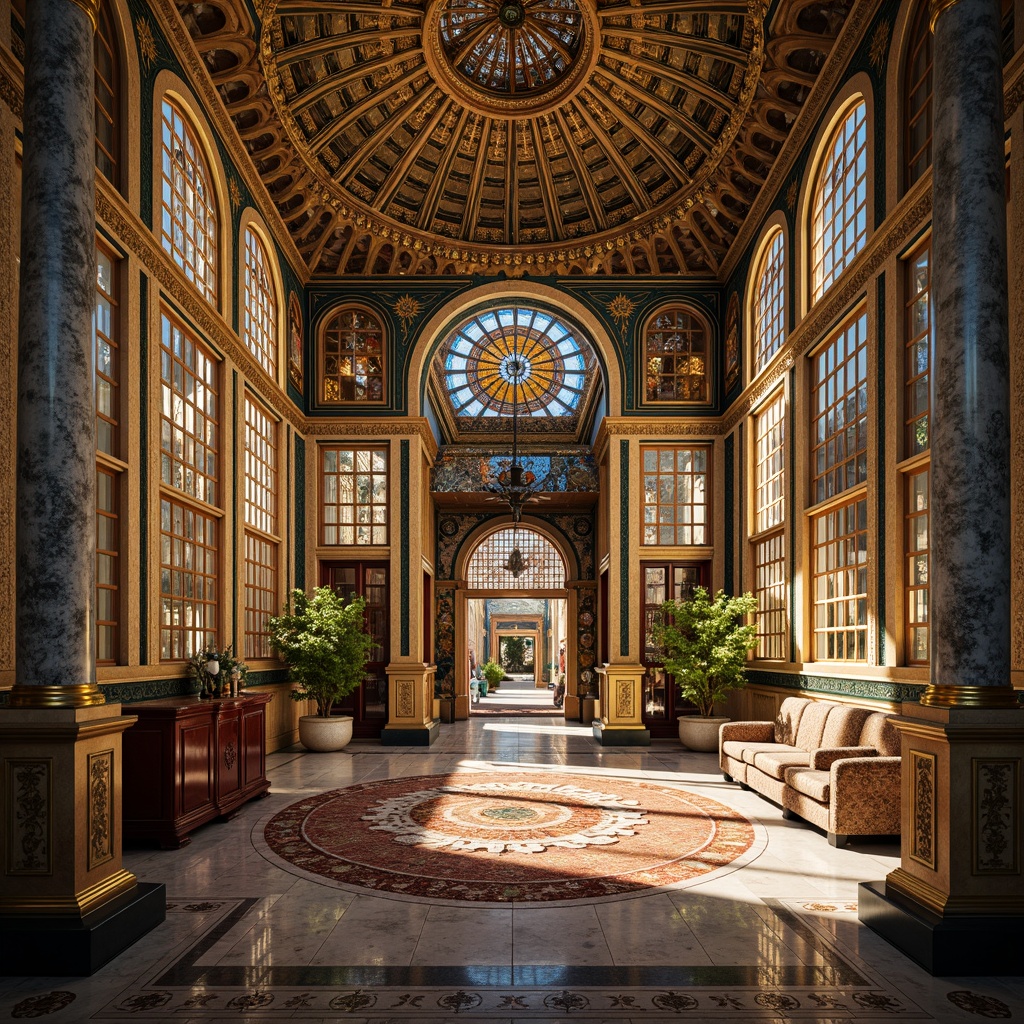 Prompt: Intricate Byzantine mosaics, gold leaf accents, vibrant glass tiles, ornate patterns, rich jewel tones, luxurious marble floors, grand domed ceilings, elaborate archways, ornamental columns, lavish furnishings, opulent textiles, dramatic lighting effects, warm golden illumination, shallow depth of field, 1/1 composition, realistic textures, ambient occlusion.