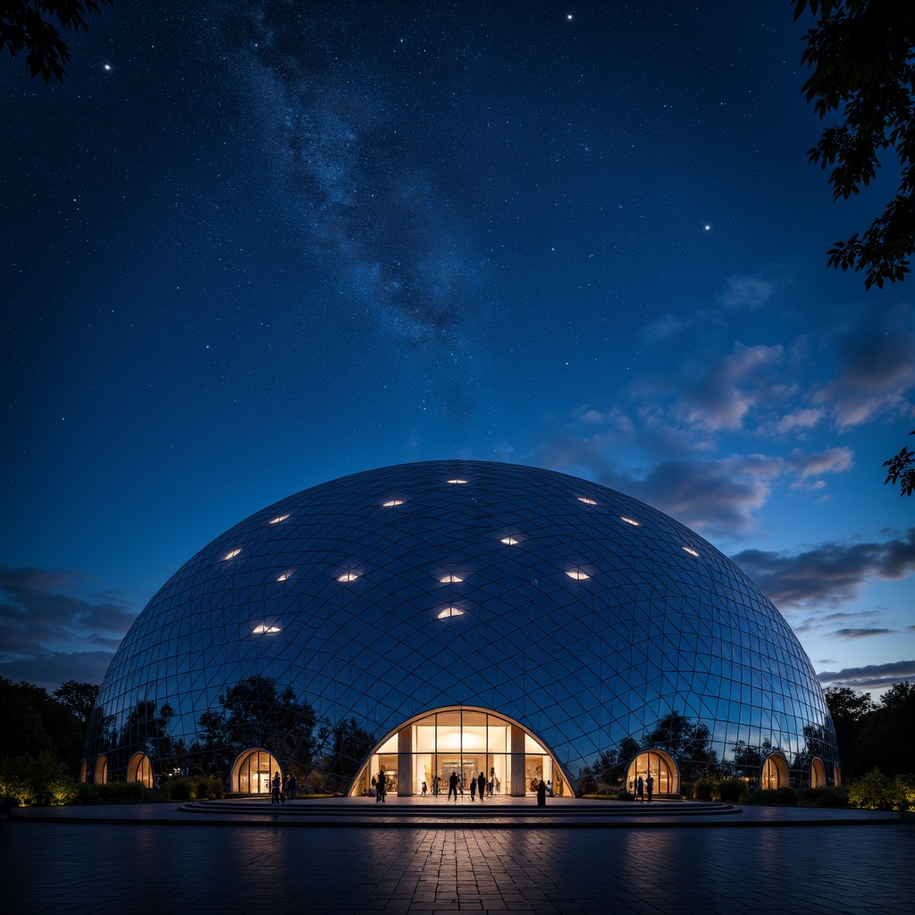 Prompt: Dome-shaped roof, geodesic pattern, starry night sky, celestial bodies, astronomy-inspired design, curved lines, futuristic architecture, sleek metal materials, reflective glass surfaces, minimal ornamentation, functional simplicity, ambient lighting, soft blue glow, subtle texture details, 3/4 composition, low-angle shot, realistic rendering, atmospheric perspective.