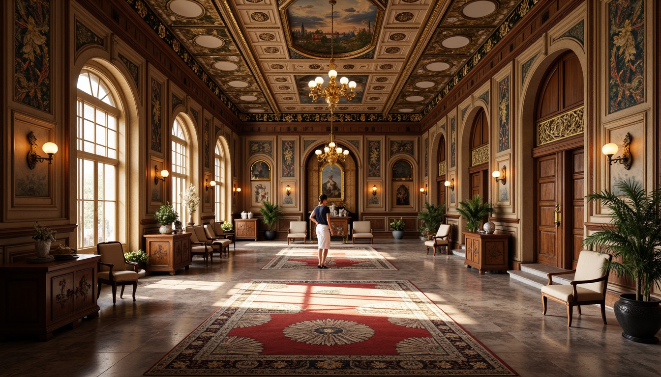 Prompt: Intricate stone carvings, ornate mosaics, gilded domes, vibrant frescoes, grand archways, ornamental columns, luxurious marble floors, richly patterned rugs, embroidered silk textiles, intricate wooden furnishings, polished bronze details, lavish chandeliers, warm golden lighting, soft atmospheric fog, 1/1 composition, realistic textures, ambient occlusion.