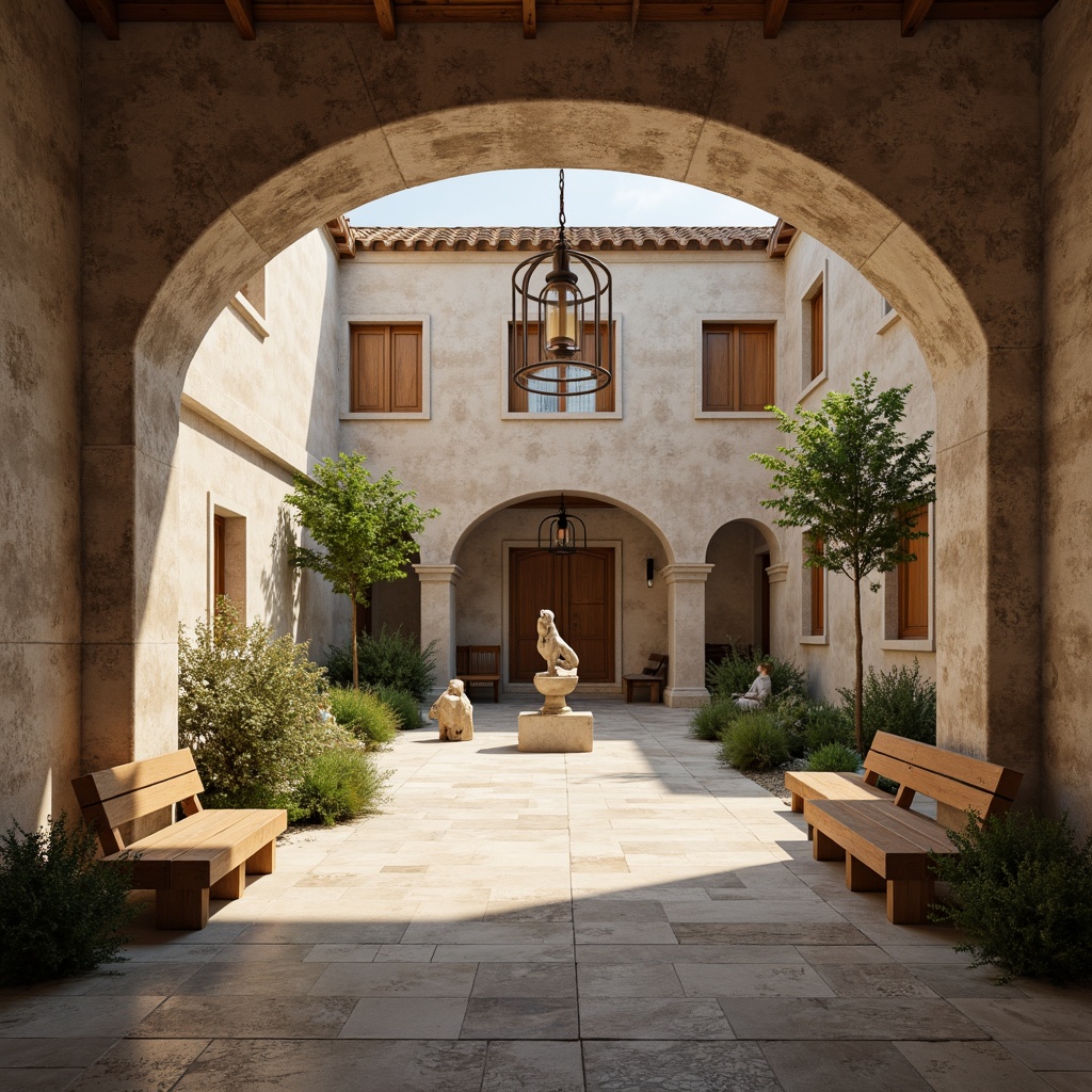 Prompt: Simple monastery courtyard, serene atmosphere, rustic stone walls, wooden benches, minimalist sculptures, sparse greenery, natural stone floors, arched windows, vaulted ceilings, ornate metal lanterns, subtle warm lighting, soft shadows, 1/1 composition, symmetrical framing, realistic textures, ambient occlusion, neutral color palette, earthy tones, subtle patterns, elegant typography.