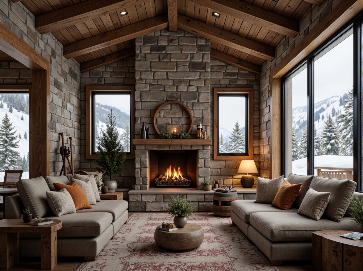 Prompt: Snow-capped mountains, rustic wooden chalets, earthy stone walls, natural fiber textiles, reclaimed wood accents, cozy fireplaces, warm candlelight, snowflake patterns, frosty windowpanes, mountain lodge architecture, wooden roof trusses, exposed beams, earth-toned color palette, organic shapes, nature-inspired decor, alpine flora arrangements, wooden ski equipment displays, ambient warm lighting, shallow depth of field, 1/2 composition, realistic textures, ambient occlusion.