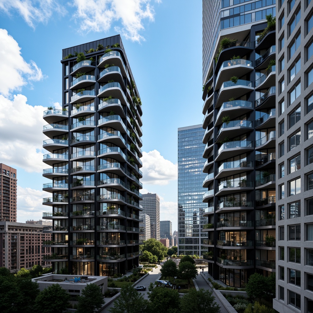 Prompt: Sleek watching towers, modernist facade design, geometric patterns, bold black lines, minimalist aesthetic, steel frames, glass curtain walls, cantilevered floors, rooftop gardens, urban cityscape, blue sky with white clouds, dramatic shadows, high-contrast lighting, 1/2 composition, cinematic view, realistic reflections, ambient occlusion.