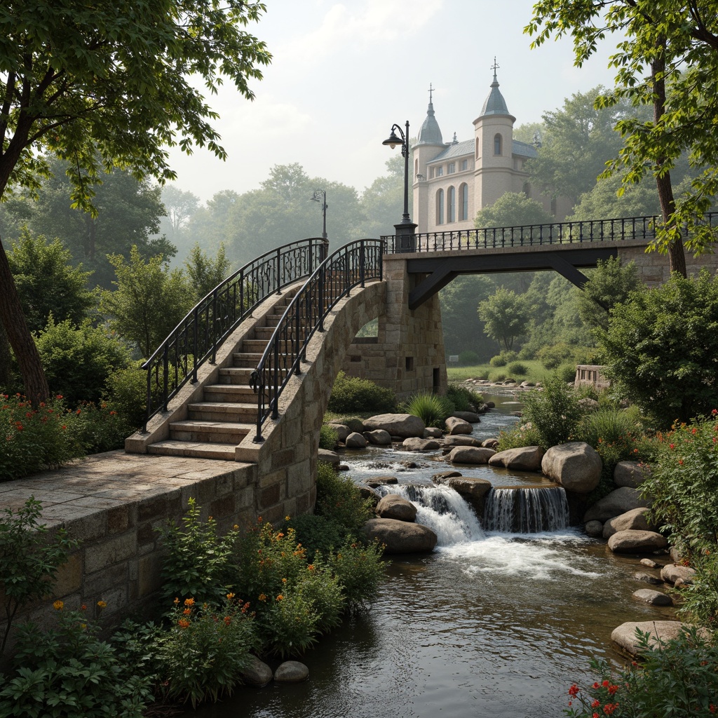 Prompt: Rustic stone bridges, curved iron railings, ornate lamp posts, flowing water currents, lush green riverbanks, vibrant wildflowers, natural stone foundations, earthy color palette, organic forms, sinuous lines, intricate metalwork details, Art Nouveau patterns, botanical motifs, ornate bridge towers, misty rural atmosphere, soft diffused lighting, 1/1 composition, shallow depth of field, realistic water textures, ambient occlusion.