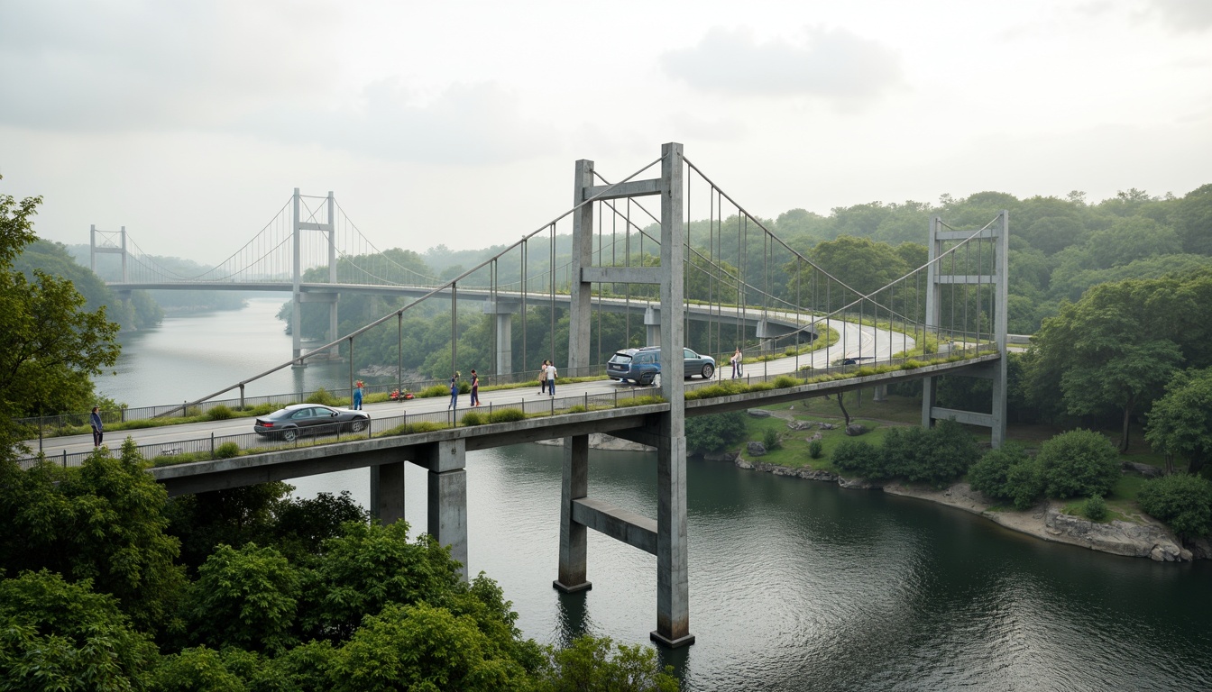 Prompt: Eco-friendly vehicular bridge, green infrastructure, lush vegetation, solar panels, wind turbines, rainwater harvesting systems, recycled materials, minimalist design, angular lines, modern architecture, steel structures, cable-stayed systems, suspension bridges, scenic river views, misty mornings, soft natural lighting, 1/2 composition, realistic textures, ambient occlusion.