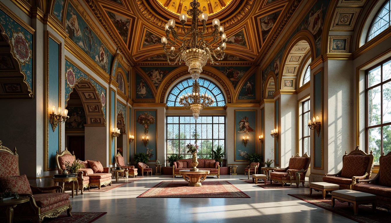 Prompt: Byzantine-style palace, ornate golden domes, intricate mosaics, azure-hued frescoes, ornamental archways, lavish textiles, richly-patterned rugs, opulent furnishings, regal thrones, grand chandeliers, stained glass windows, warm ambient lighting, soft focus, shallow depth of field, 1/1 composition, symmetrical framing, vibrant azure accents, golden filigree details, luxurious marble floors, ornate Byzantine columns.