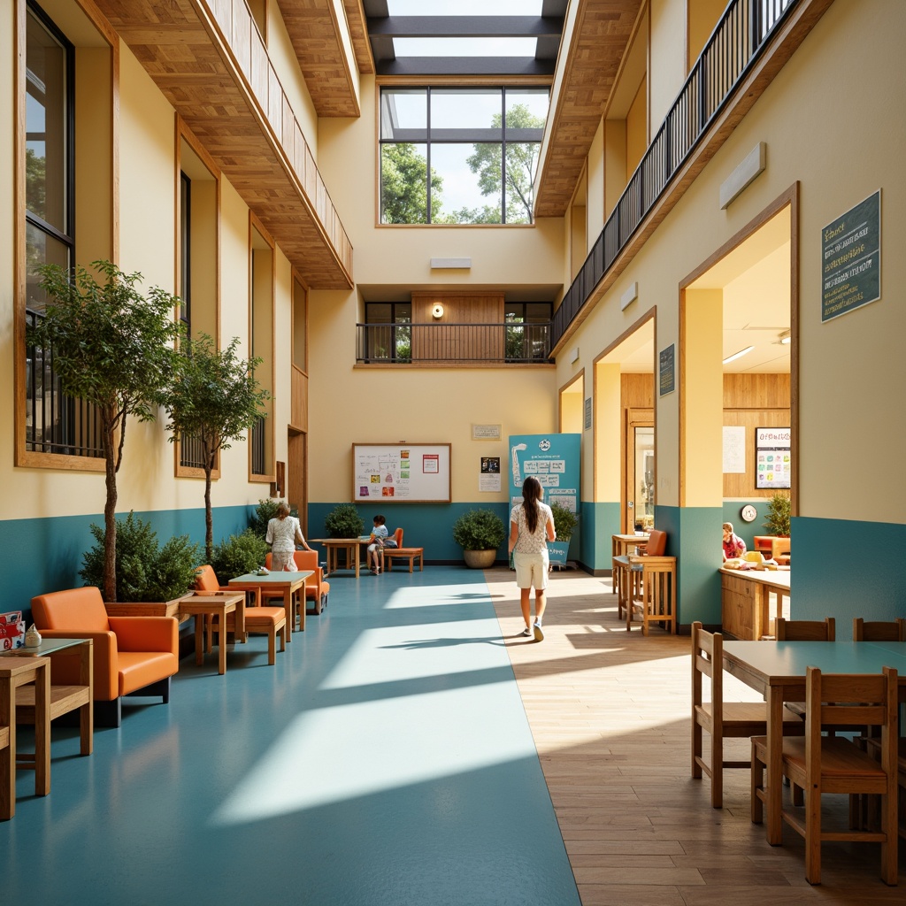 Prompt: Vibrant elementary school, warm beige walls, rich wood accents, soothing blue corridors, playful yellow classrooms, energetic orange recreation rooms, calming green courtyards, educational signage, interactive whiteboards, comfortable seating areas, natural light pouring in, softbox lighting, shallow depth of field, 1/2 composition, realistic textures, ambient occlusion.