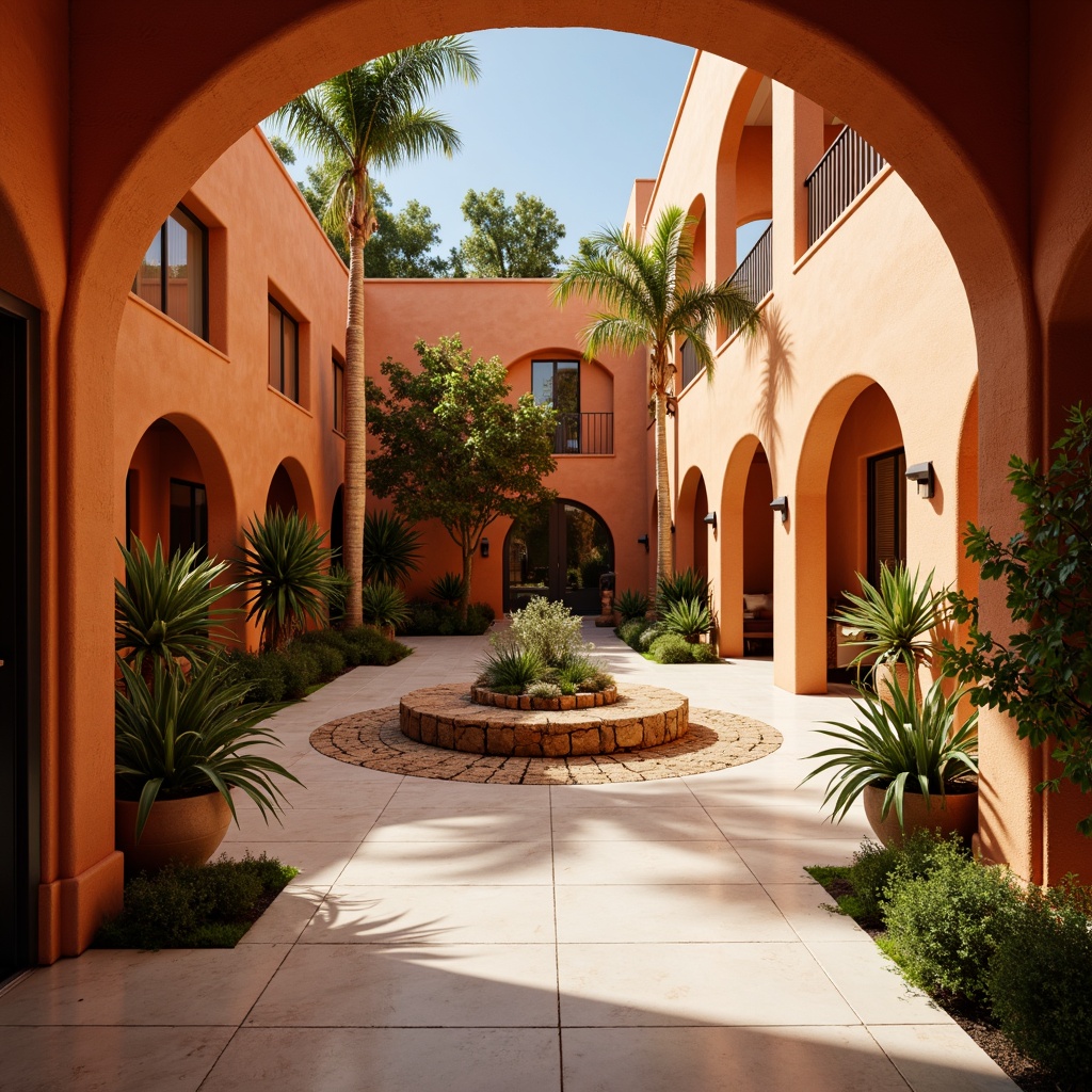 Prompt: Warm persimmon hues, earthy tones, rich terracotta walls, vibrant orange accents, rustic stone textures, natural wood trimmings, creamy white marble floors, subtle golden lighting, cozy residential atmosphere, Mediterranean-inspired architecture, curved archways, ornate ceramic tiles, lush greenery, sun-kissed courtyards, warm beige stucco exteriors, soft afternoon sunlight, shallow depth of field, 1/2 composition, inviting outdoor spaces.