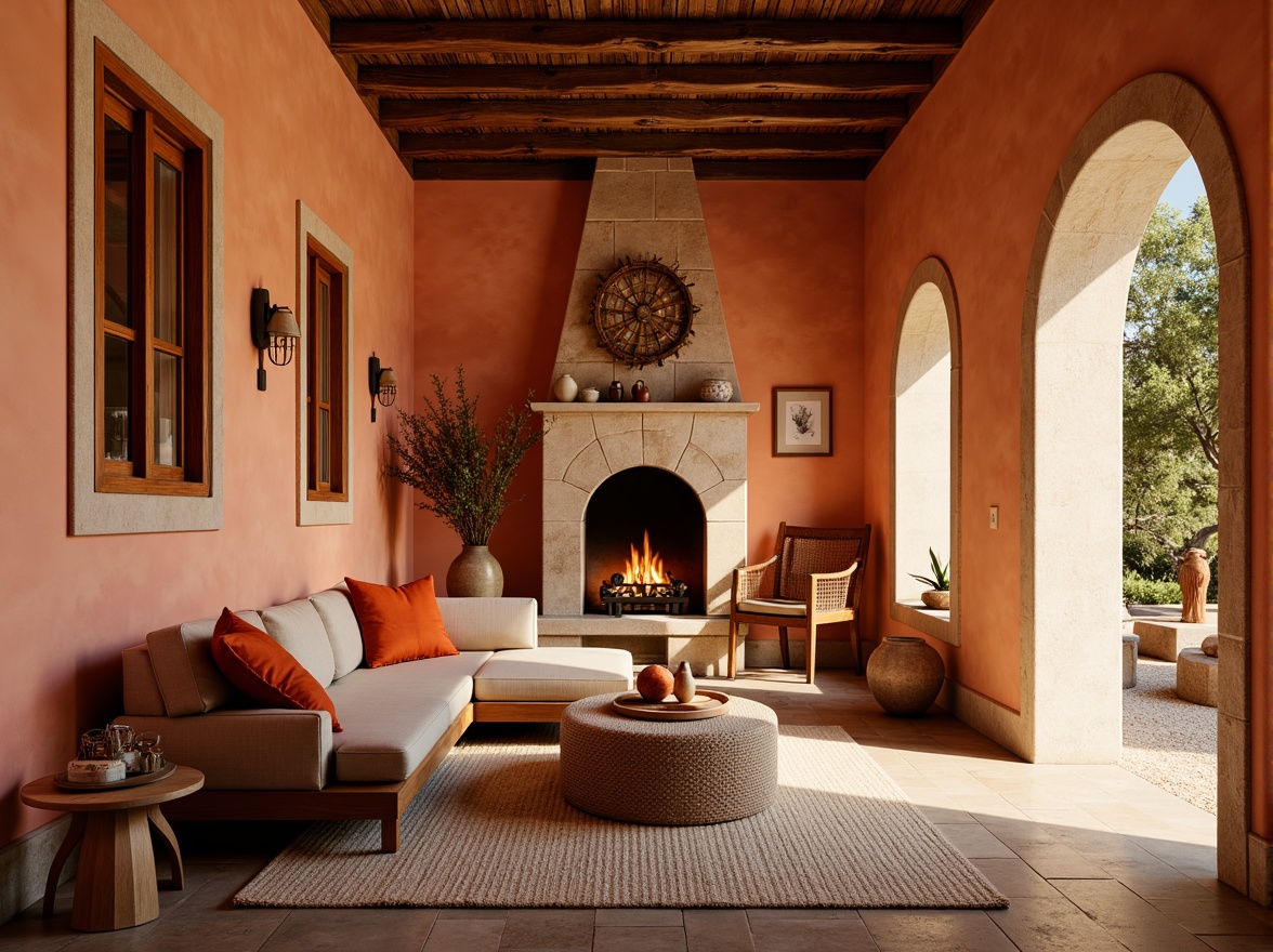 Prompt: Warm persimmon hues, earthy tones, natural stone walls, rustic wooden accents, cozy interior spaces, soft warm lighting, shallow depth of field, 3/4 composition, inviting atmosphere, Mediterranean-inspired design, curved lines, ornate details, vibrant orange accents, deep burnt oranges, rich terracotta reds, earthy browns, creamy whites, natural fabrics, woven textiles, organic forms, whimsical patterns, eclectic decor.