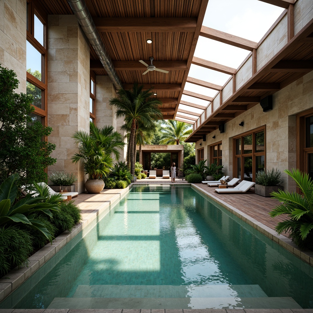 Prompt: Tropical swimming pool, lush greenery, natural stone walls, wooden decking, large overhangs, clerestory windows, high ceilings, exposed ductwork, industrial-style fans, steel beams, rustic wooden accents, earthy color palette, warm sunny day, soft diffused lighting, shallow depth of field, 1/1 composition, atmospheric perspective, realistic textures, ambient occlusion.