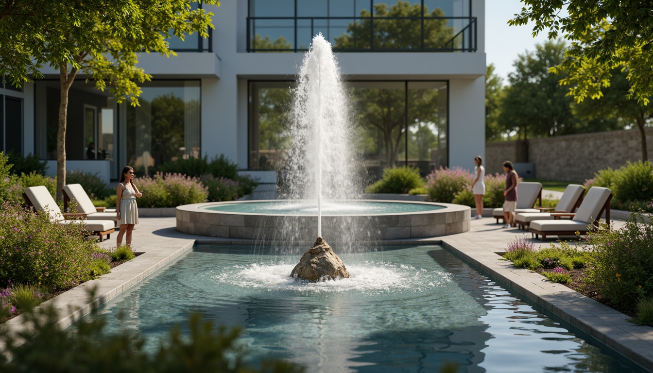 Prompt: Serene water fountain, natural stone surround, lush greenery, vibrant flowers, tranquil atmosphere, modern architecture, large windows, glass doors, reflecting pool, calm ripples, gentle water flow, soothing sound effects, shallow depth of field, 3/4 composition, panoramic view, realistic textures, ambient occlusion.