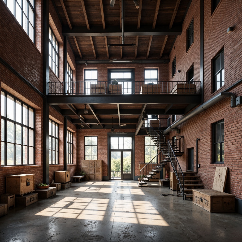 Prompt: Exposed brick facade, steel beam ceilings, wooden crates, industrial pipes, metal staircases, concrete floors, large windows, natural light, vintage factory equipment, distressed textures, earthy color palette, minimalist decor, functional layout, open spaces, rustic charm, warm lighting, shallow depth of field, 2/3 composition, realistic rendering, atmospheric fog.